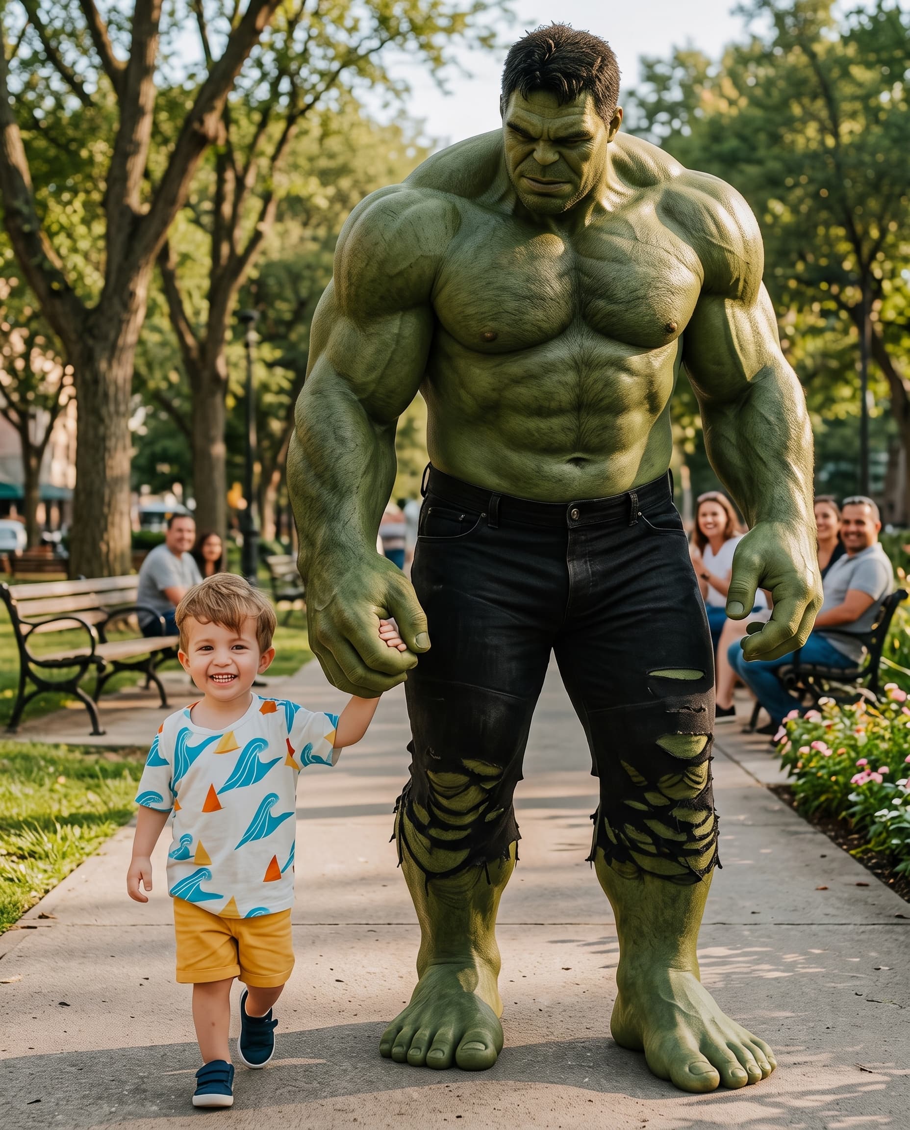 Criança de mãos dadas com um personagem de super-herói criado digitalmente